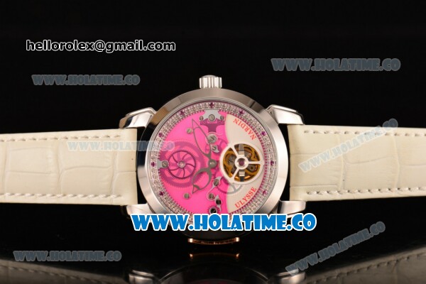 Ulysse Nardin Skeleton Tourbillon Manufacture Asia Automatic Steel Case with Pink/White Dial and White Leather Strap - Click Image to Close
